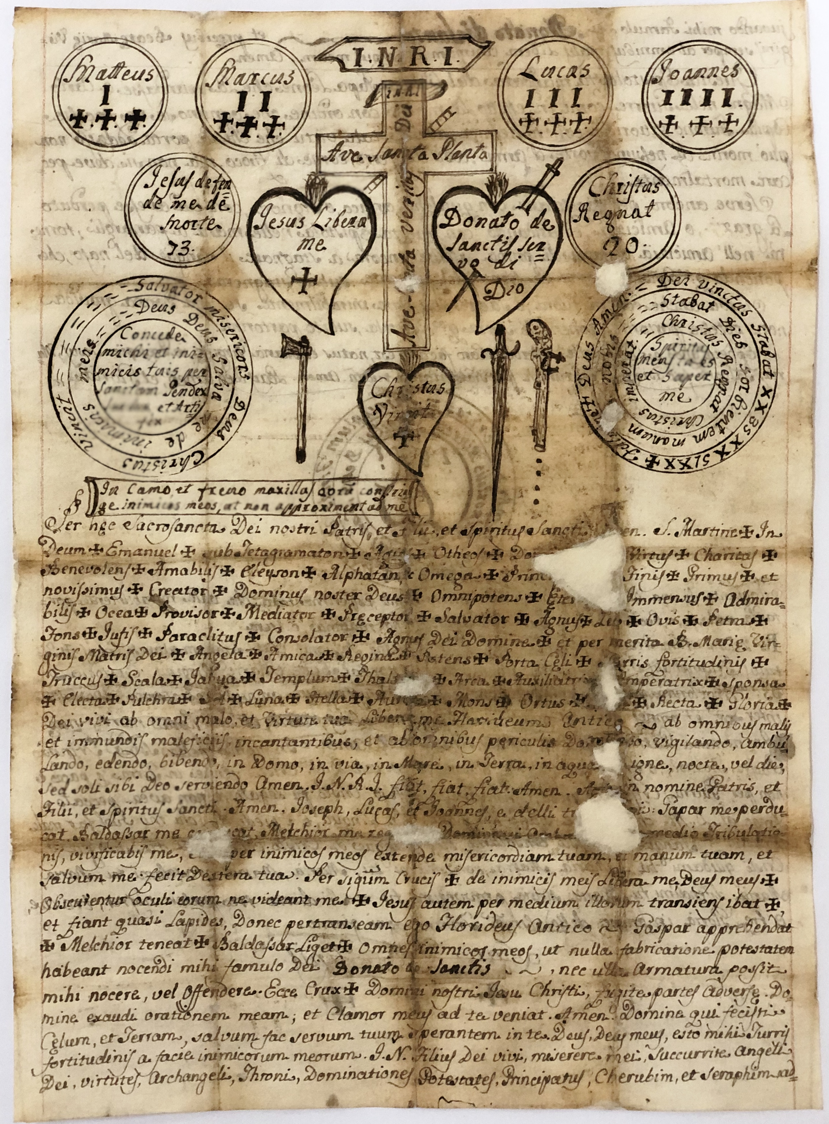 Talismano del brigante Donato Di Sante rinvenuto nel fascicolo contenente il processo contro di lui e altri, accusati di brigantaggio e condannati a morte. [La preghiera continua sul verso.]
